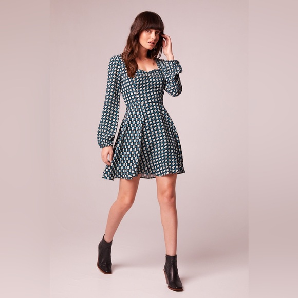 Band Of The Free GENEVIEVE TEAL DIAMOND LONG SLEEVE MINI DRESS - Picture 1 of 4